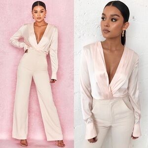 NWT HOUSE OF CB Pastel Satin Long‎ Sleeve Draped Plunge Wrap V-Neck Bodysuit XS